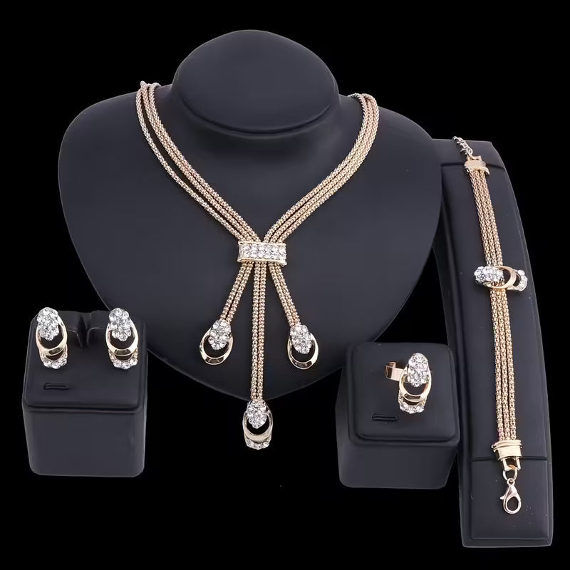 „Wasserfall“ – Luxuriöses Schmuckset in Goldtönen mit Kaskadendesign und Kristallstrass – 4-teilig