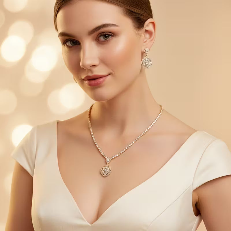 Elegantes, vergoldetes Schmuckset mit Zirkonia – Halskette & Ohrringe