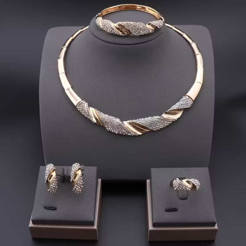 Glamouröse Halskette, Armband, Ohrringe und Ring im geflochtenen Design