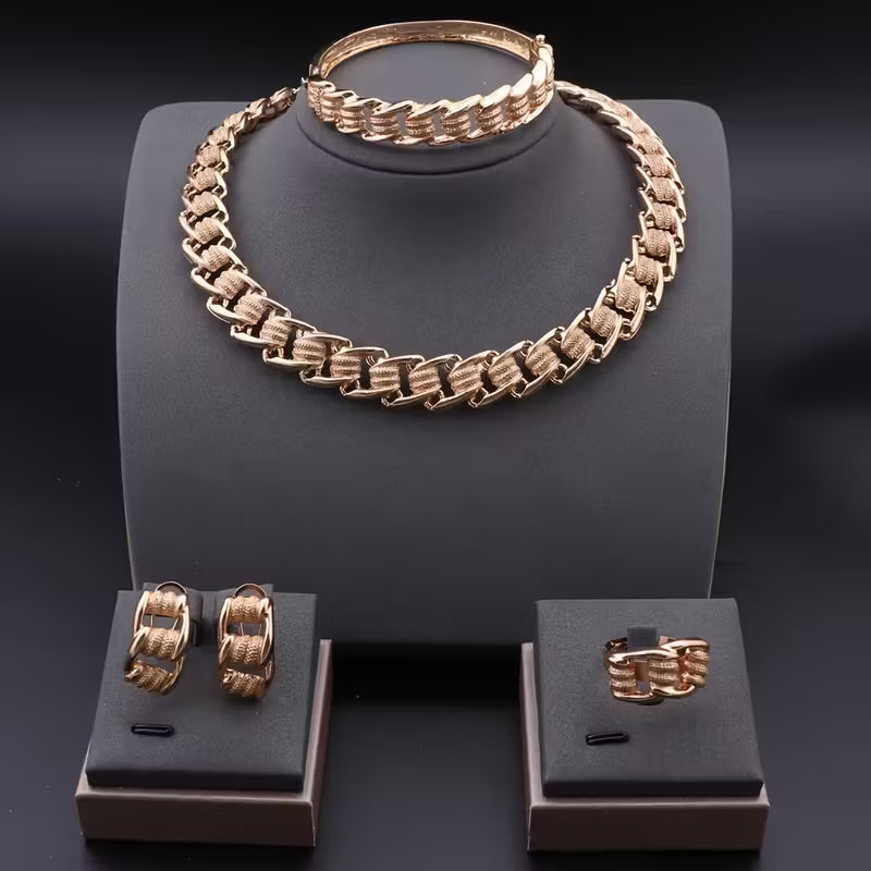 „Panzer“-Schmuckset in Roségold-Optik mit strukturierten Gliedern – 4-teilig